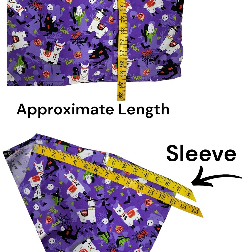 Cassandra O Scrub Top Llama’s Halloween Theme V Neck Short Sleeve Purple XL - Picture 11 of 16
